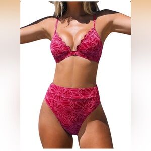 Cupshe Red Bikini Set Jacquard Floral Scalloped Top High Waisted Bottom NWT
